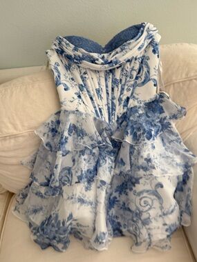 PromGirl Blue and White Floral Ruffle Corset Dress